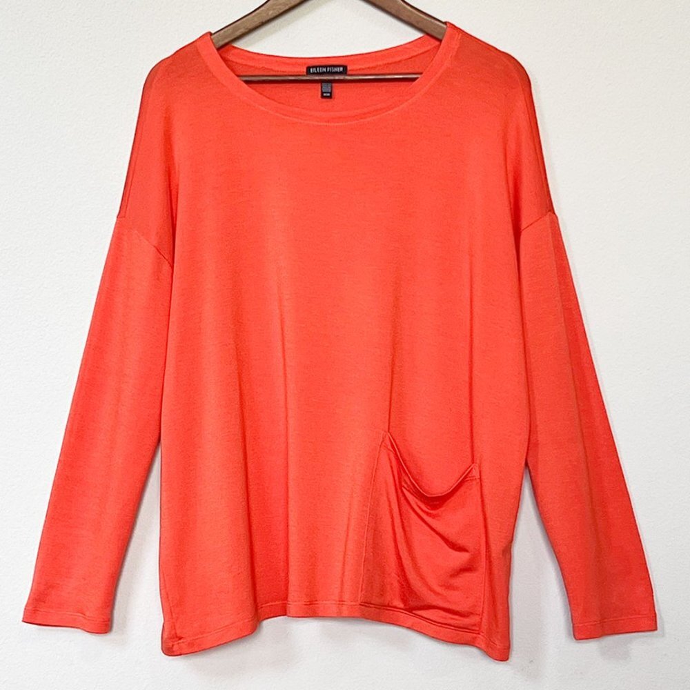 Eileen Fisher Tencel Stretch Terry Patch Pocket Long Sleeve Top Hot Red Orange M - Picture 4 of 15